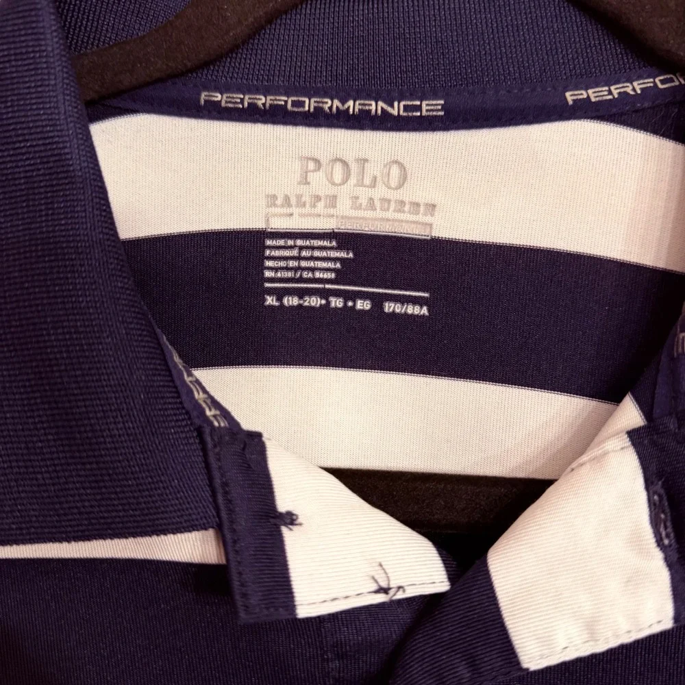 Polo Ralph Lauren Boys XL 18-20 Performance Striped Polo Shirt Blue White